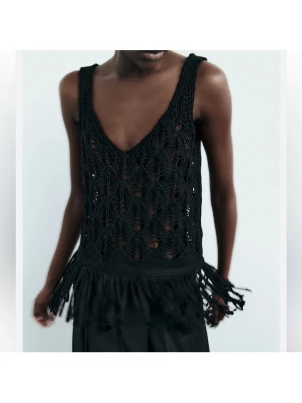 Zara NWT Black Crocheted Fringe Tank Top - Women - Image 3