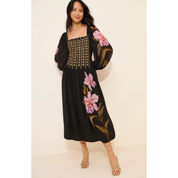 FARM RIO Floral Long Sleeve Midi Dress in Black Size XS - Image 3