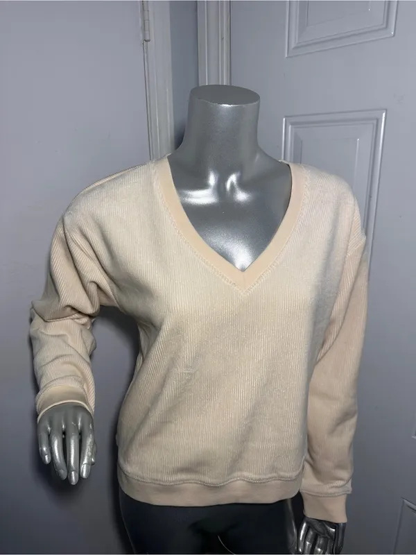 Marine Layer New Women's Top Small Rib Velour Corduroy V Neck Sweatshirt Cream - Image 9