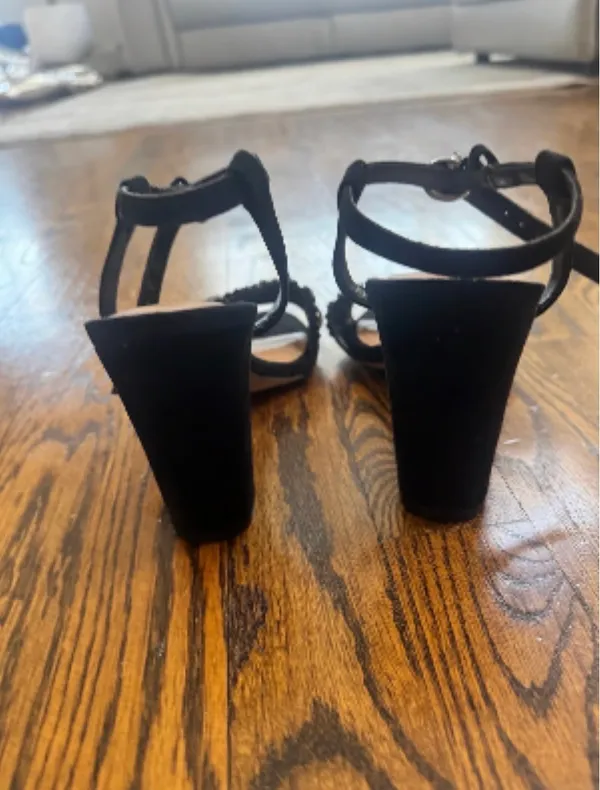 Black suede sandals by Audrey Brooke with gemstones - Image 2