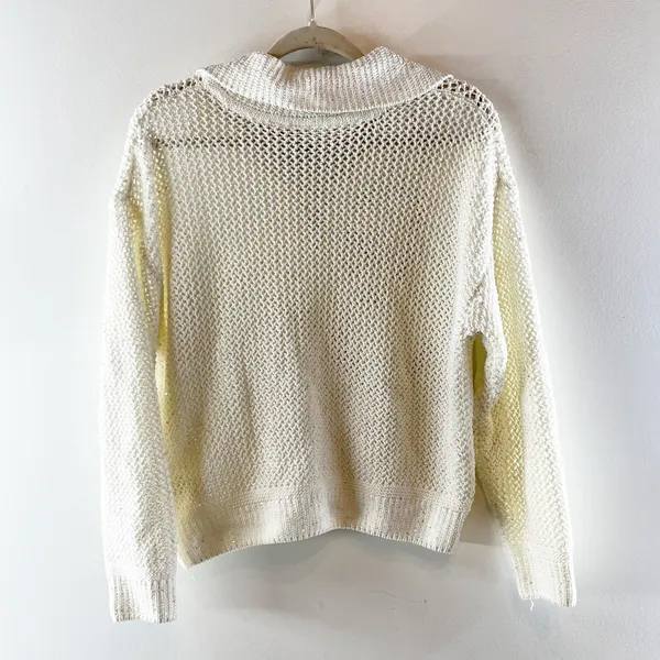 Joie Long Sleeve Lace Up Collared Crochet Polo Sweater Cream White Small - Image 4