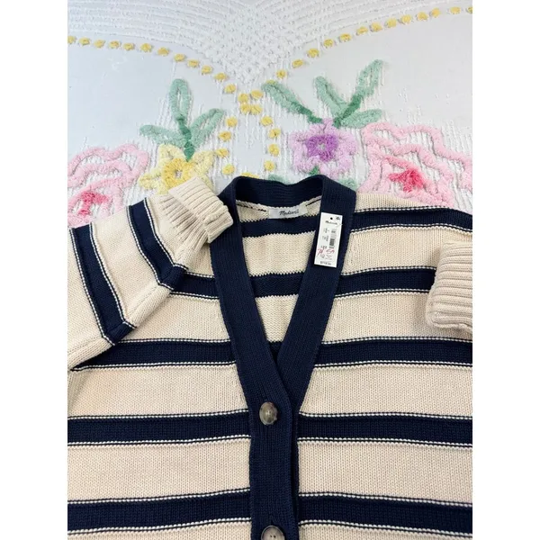 Madewell Striped Navy Cream V Neck S Button‎ Front Knit Cardigan Sweater Women - Image 9