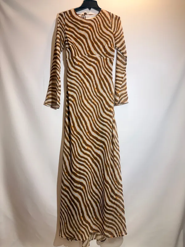 Ownley Valentina Brown Zebra Animal Print Open Back Long Sleeve Maxi Dress M - Image 2