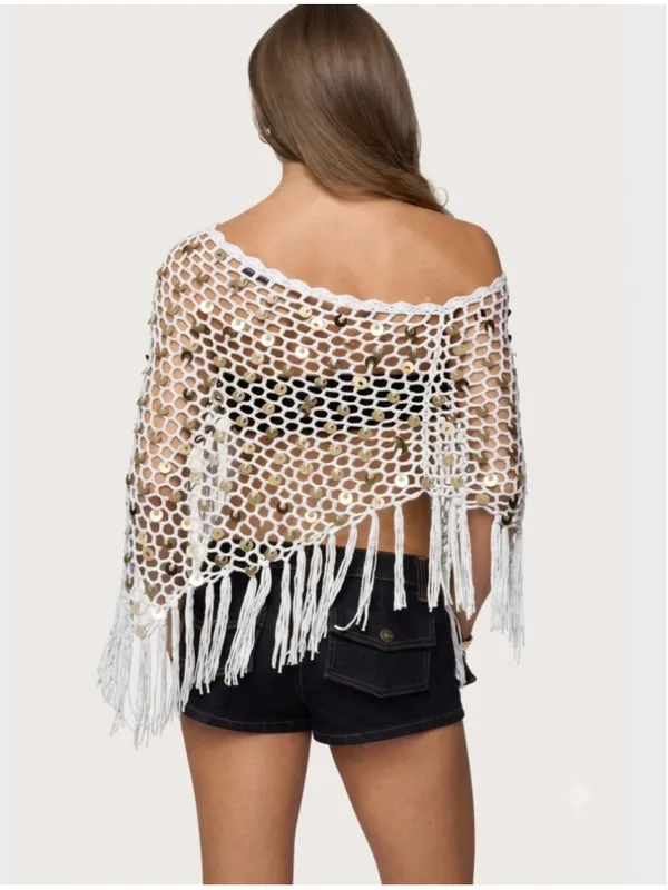 Fringe Sequin Crochet Fishnet Poncho by Velvet Vandal Natural White Sz L Boho - Image 2
