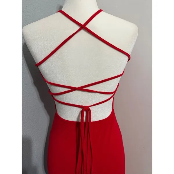 Red High Neck Maxi Dress S Halter Open Back‎ Lace Up Strappy Bodycon Formal Gown - Image 10