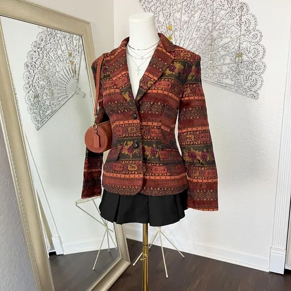 Evelyn Vintage Tapestry Style Blazer Jacket Rust Orange Floral Woven Design S - Image 2