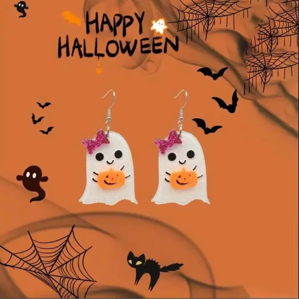 Boutique Halloween Ghost Earrings with Sparkling Pumpkin & Bows - Image 2