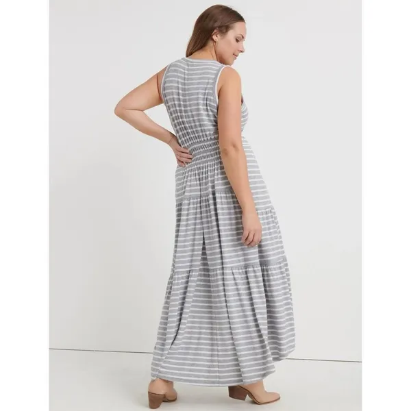 Lucky Brand Ruched Sleeveless Grey & White Stripe Maxi Dress Small #800 - Image 3
