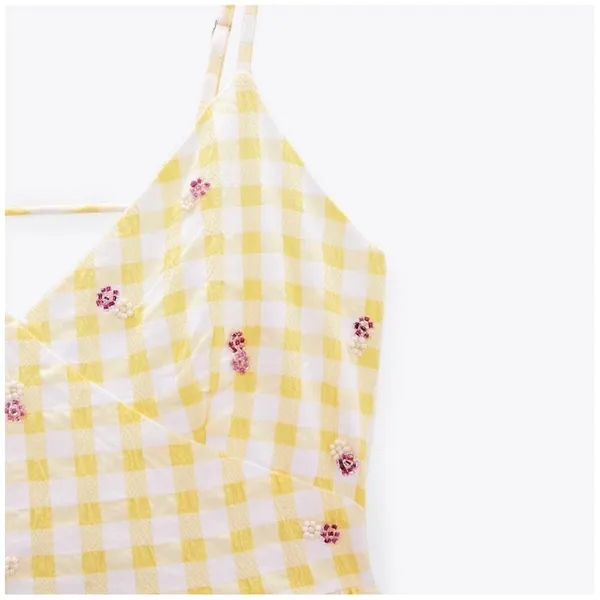 NWT ZARA Gingham Dress Yellow White XXLarge Beaded Open Back - Image 8
