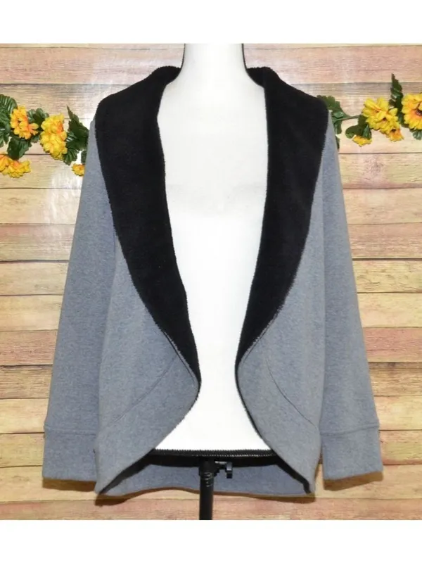 LL Bean Cardigan Jacket Womens M Gray Black Fleece Shawl Collar Open Front - Image 2