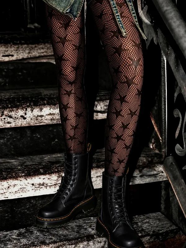 Black Jacquard Fishnet High Waist‎ Footed Tights With Star Pattern One Size - Image 9