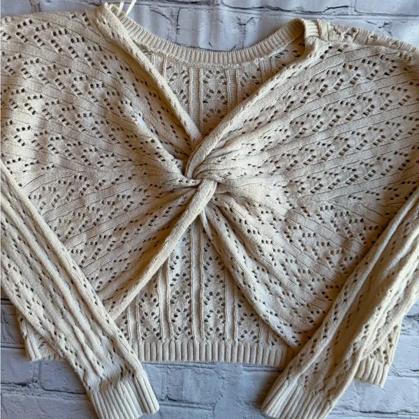 Hollister Open Knit Top Shrug Sweater Neutral Womens Twist Front Crop - Image 9