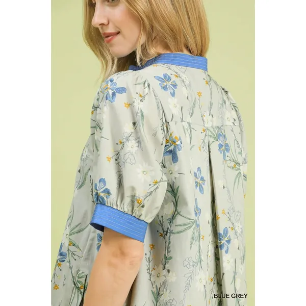 Umgee Floral Puff Sleeve Dress with Contrast Trim‎ - Blue Grey - Small - Image 5