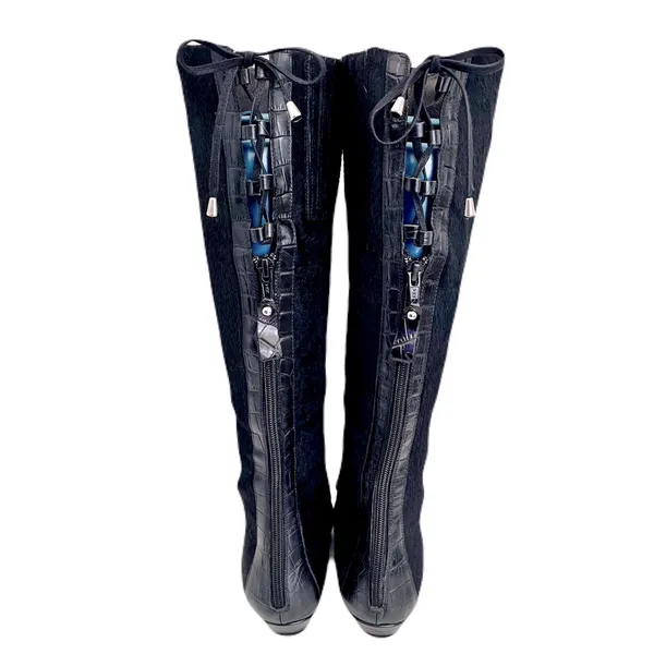 Migliorini Black Pony Hair Croc-Embossed Leather Corset-Back Boots, Size 7.5 - Image 6