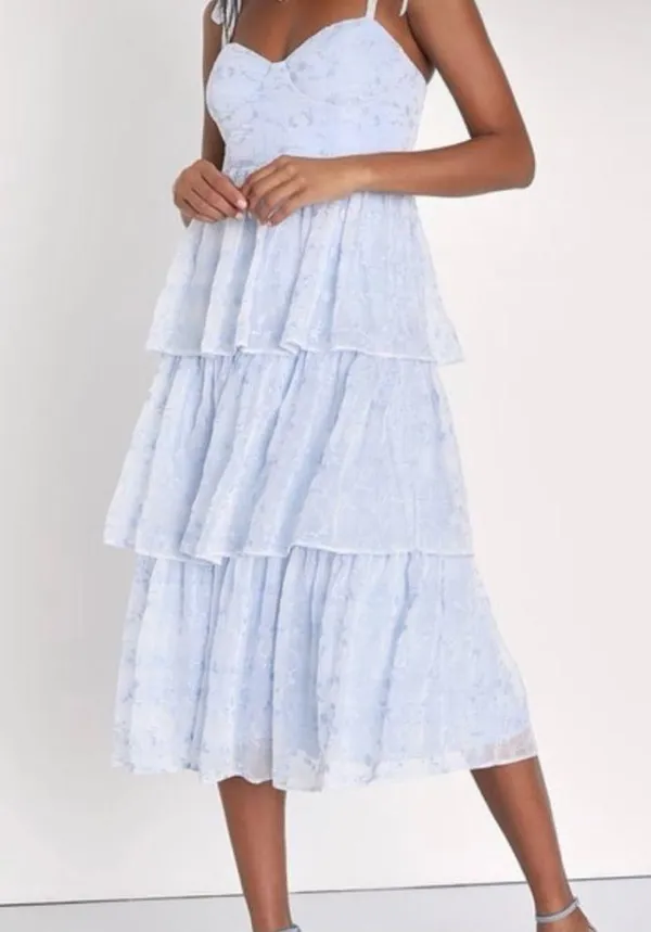 Lulu’s Vineyard Visit Blue Embroidered Tie-Strap Tiered Midi Dress Light Blue L - Image 3