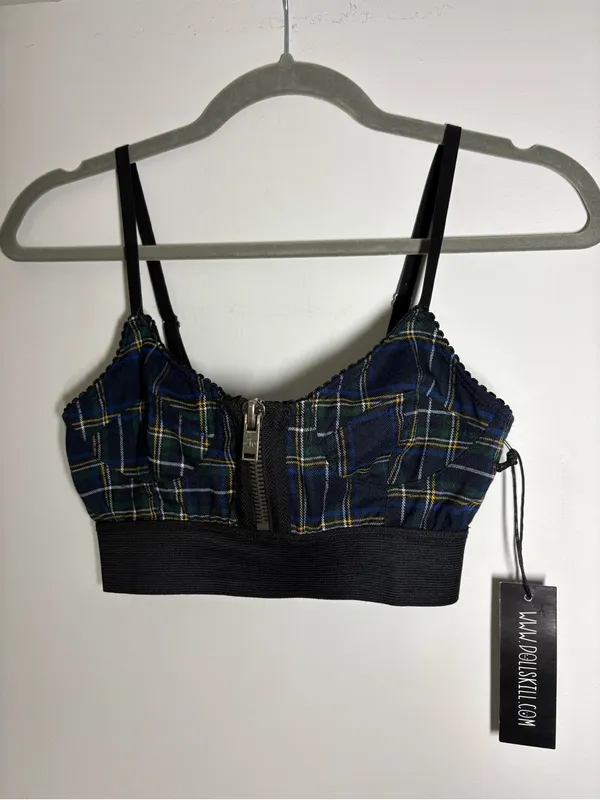 Current Mood Dolls Kill Navy Green Plaid Zip-Front Bralette top - Image 4
