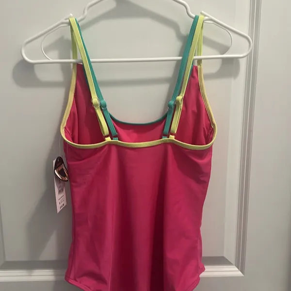 No Boundaries Pink One-Piece High Leg Swimsuit Yellow and Green Straps Size M - Image 4