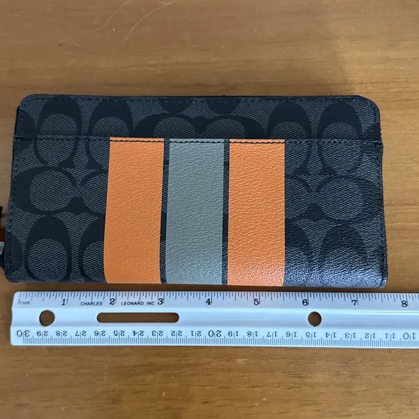 Coach Signature Accordion Zip‎ Around Wallet Charcoal Orange Large Striped NWT - Image 8
