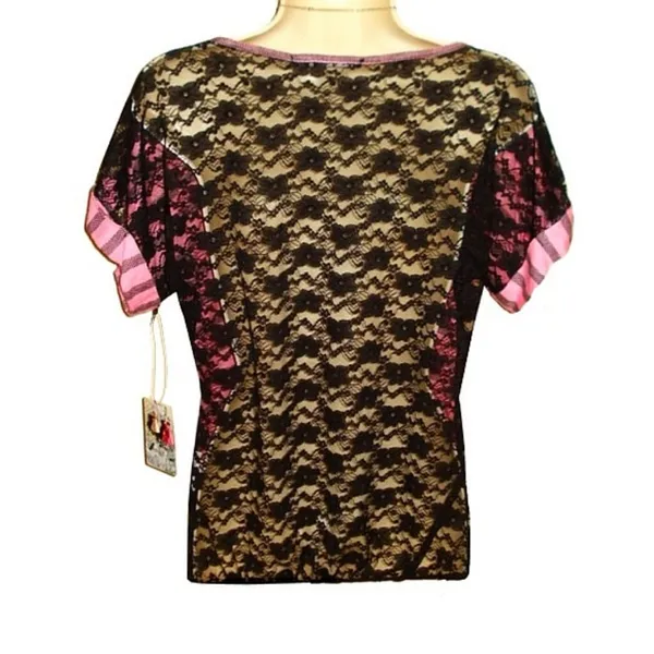 Love j Pink Striped Open Back Lace Backless Cut-Out Scoop Neck Short Sleeve Burnout Tee - Image 5