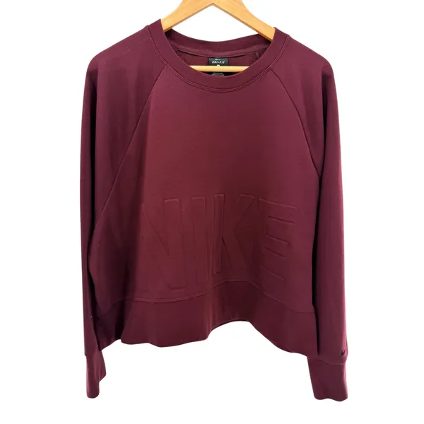 Nike Dri-Fit Embossed Logo Sweatshirt XL Burgundy Crewneck Raglan Athleisure‎ - Image 3