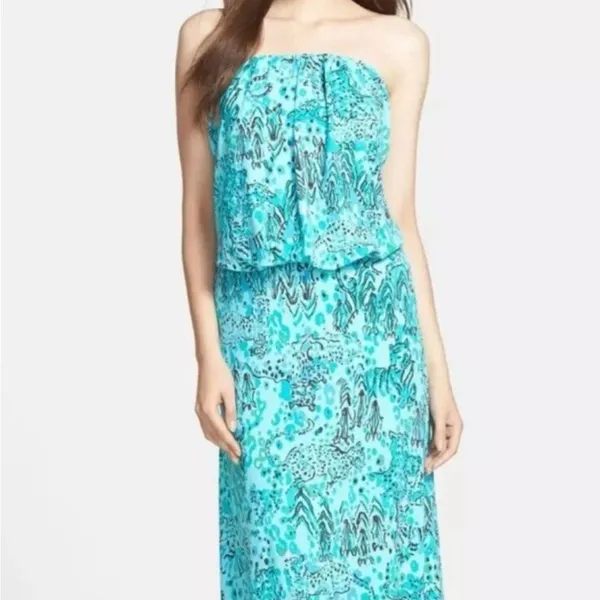 Lilly Pulitzer Size Small Morada‎ Maxi Dress Shorely Blue Strapless Animal Print - Image 11