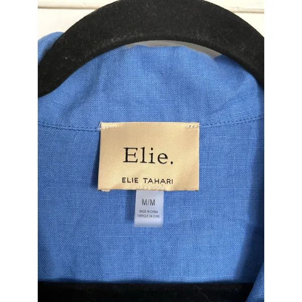 Elie‎ Tahari Linen Jacket Womens Medium Blue Frayed Hem Trucker Button Up Coat - Image 3