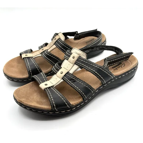 CLARKS Sandals Sz 9 Womens -‎ Black/Tan Leather Leisa Sling back Comfort - Image 3