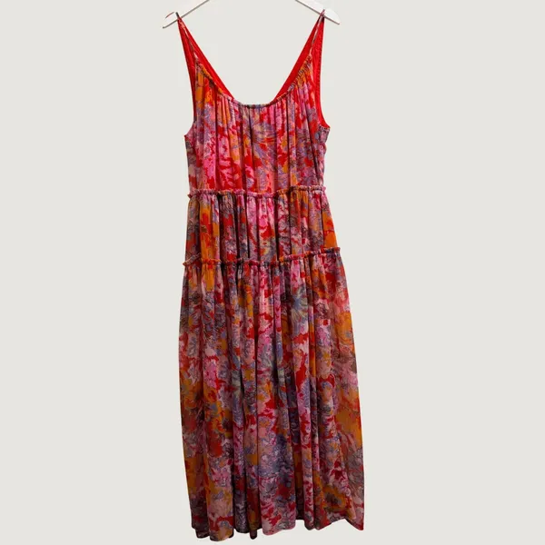 Free People Julianna Maxi Dress Small Red Floral Tiered Chiffon Sheer Boho Chic - Image 13