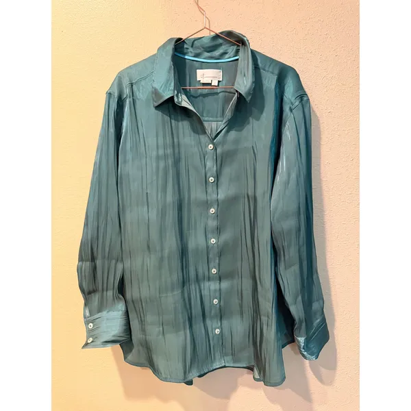 Anthropologie Blouse Women Large Teal Green Button Down Satin Finish Relaxed Top - Image 5