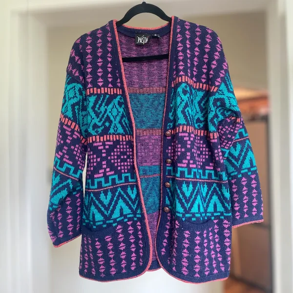 Vintage 80s Colorful Cardigan Sweater Chunky Aztec Patterned Women's Medium - Image 3