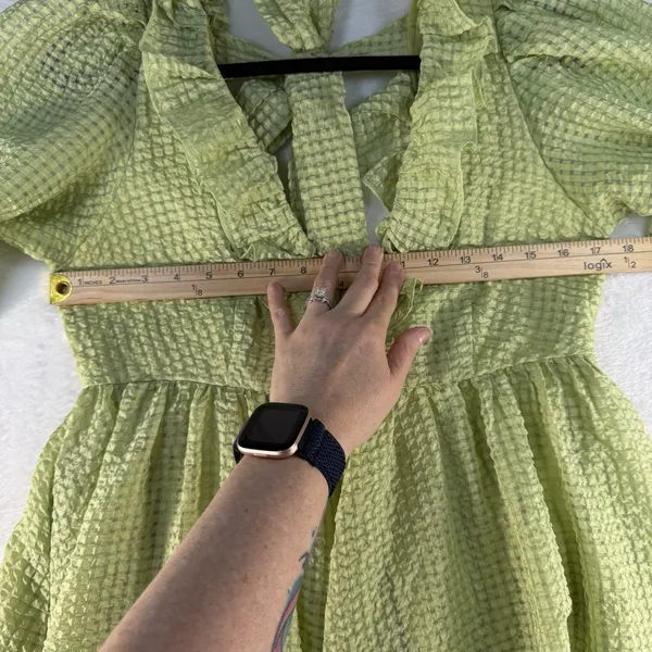 Mable M Medium Babydoll Mini Dress Green Textured Puff Sleeves Pockets‎ Coquette - Image 13