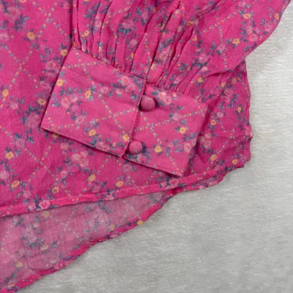 LoveShackFancy Pink Floral Cotton Tie Neck Tassel Peasant Blouse Small - Image 3