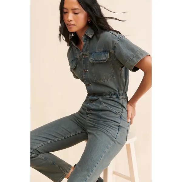 Free People Marci Coveralls Overalls Sz XS April Showers Wash Boho Carpenter - Image 4