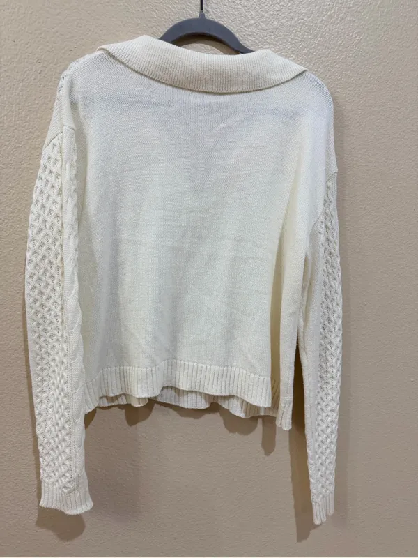 CATO Fashions Cream Cable Knit Polo Sweater Top Womens Medium Open V-Neck NWOT - Image 2
