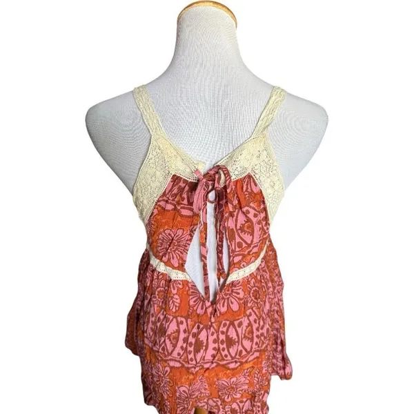 Womens Urban Outfitters UO Floral Rust Printed Lace Trim Romper - Sz L - Image 5