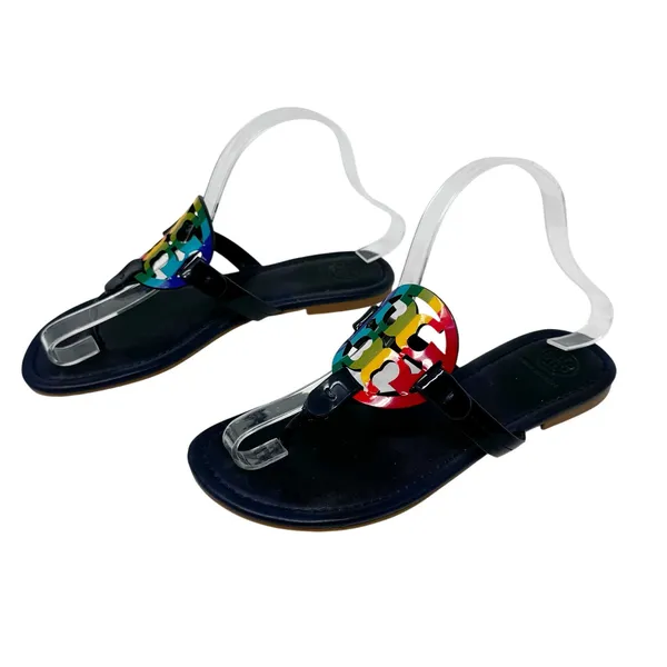 TORY BURCH Navy Blue Rainbow Stripe Miller Logo Patent Leather Sandals Size 7 - Image 4