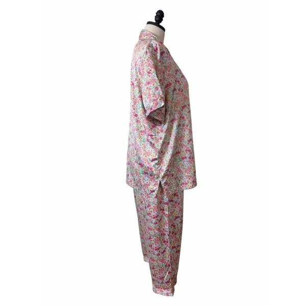 Cabernet Floral Satin Pajama Set XL Button Front Short Sleeve Lounge Sleepwear - Image 4