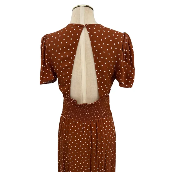 AFRM Jamie Open‎ Back Midi Dress Brown White Polka Dot Puff Sleeve Size Medium - Image 10