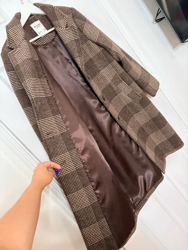 Abercrombie & Fitch Brown Plaid Long Coat Tailored Quiet Luxury Classic Preppy - Image 5