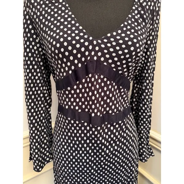 Etam Paris Vintage 90s/00s Milkmaid Polka Dot V-Neck Dress Navy Blue Whimsygoth - Image 3