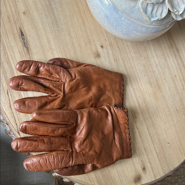 FRYE Vintage Chestnut Brown Leather Gloves Stitched Trimmed Hem - Image 10