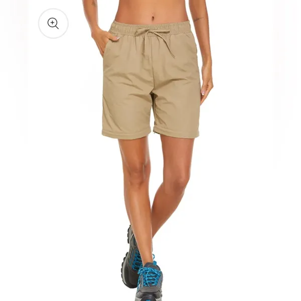 WOMENS Long CONVERTIBLE In Short HIKING PANTS Beige Large Pocket Elastic Tie - Image 5