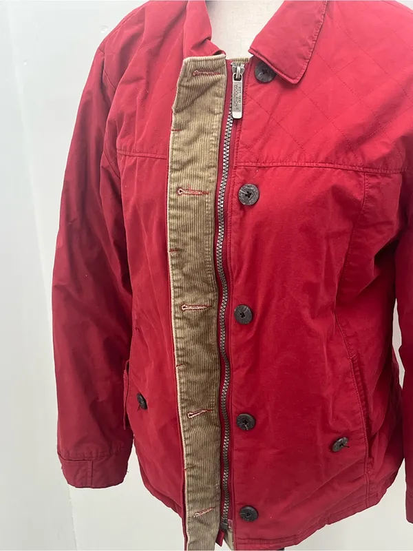 Woolrich Womens Red Quilted Plaid Lined Corduroy Trim Field Utility Jacket Small - Image 2