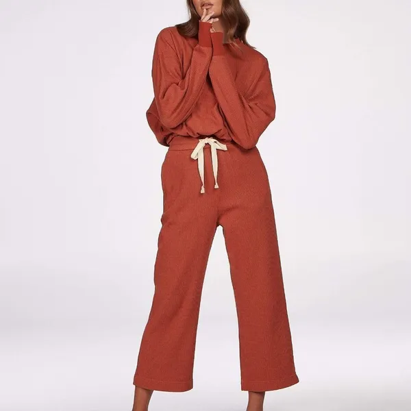 Charlie Holiday Rust Waffle Knit Sweatshirt Wide Leg Pants Lounge 2 Piece Set - Image 2
