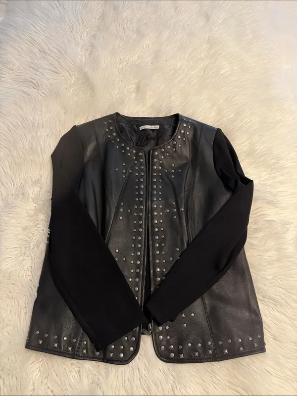 Peter Nygard Black Studded Leather-Front Jacket with zipper length 25” bust 36” - Image 6