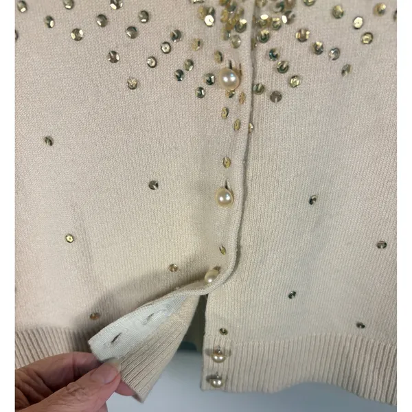 Moda International Cardigan Womens M Beige Silk Sequin Beaded Star - Image 10