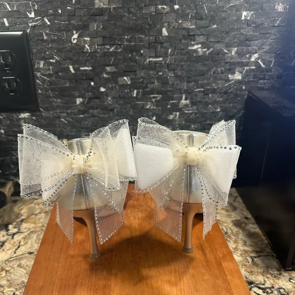 Deltan Abbie Bow Heels Size 8.5 Wedding Prom Champagne Sandals Tulle Rhinestone - Image 3