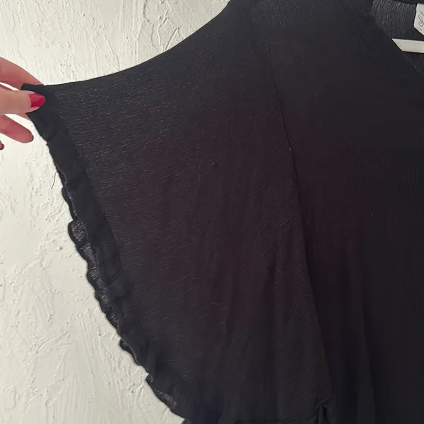 Black gauze lettuce trim button down flowy butterfly sleeve blouse - Image 3