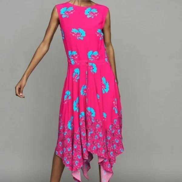 Maje 38G Rushia‎ Sleeveless Floral Print Dress Pink Blue Handkerchief Hem Small - Image 2