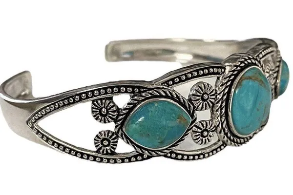 Stauer Triple Turquoise Cuff Open Bangle Silver Bracelet - Image 5